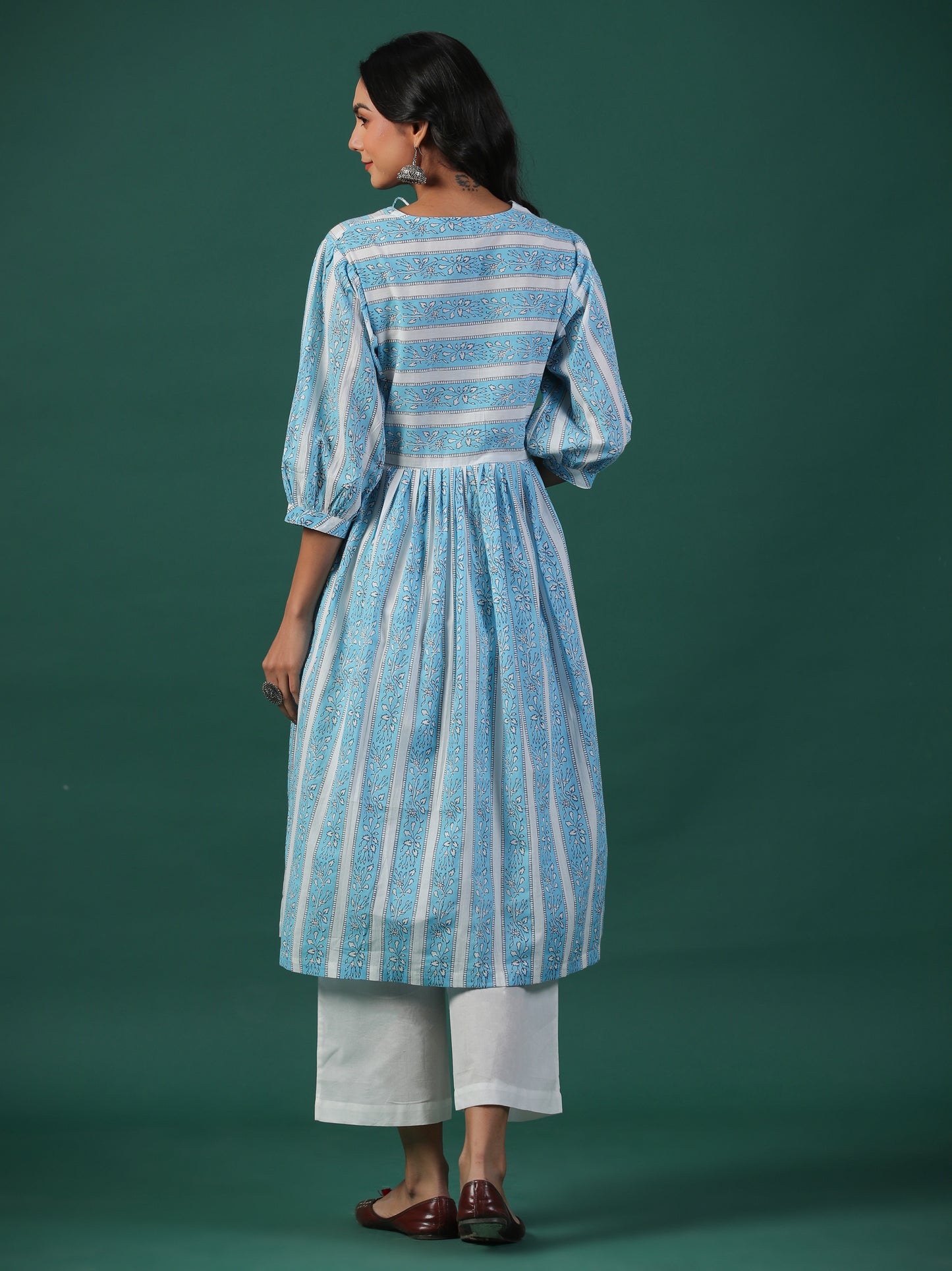 Bel Booti Cotton Block Print Kurta - Blue