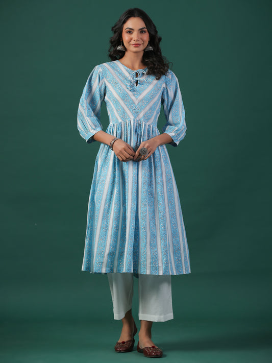 Bel Booti Cotton Block Print Kurta - Blue