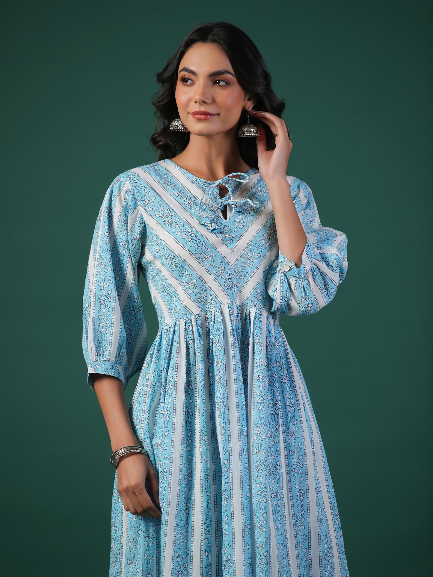 Bel Booti Cotton Block Print Kurta - Blue