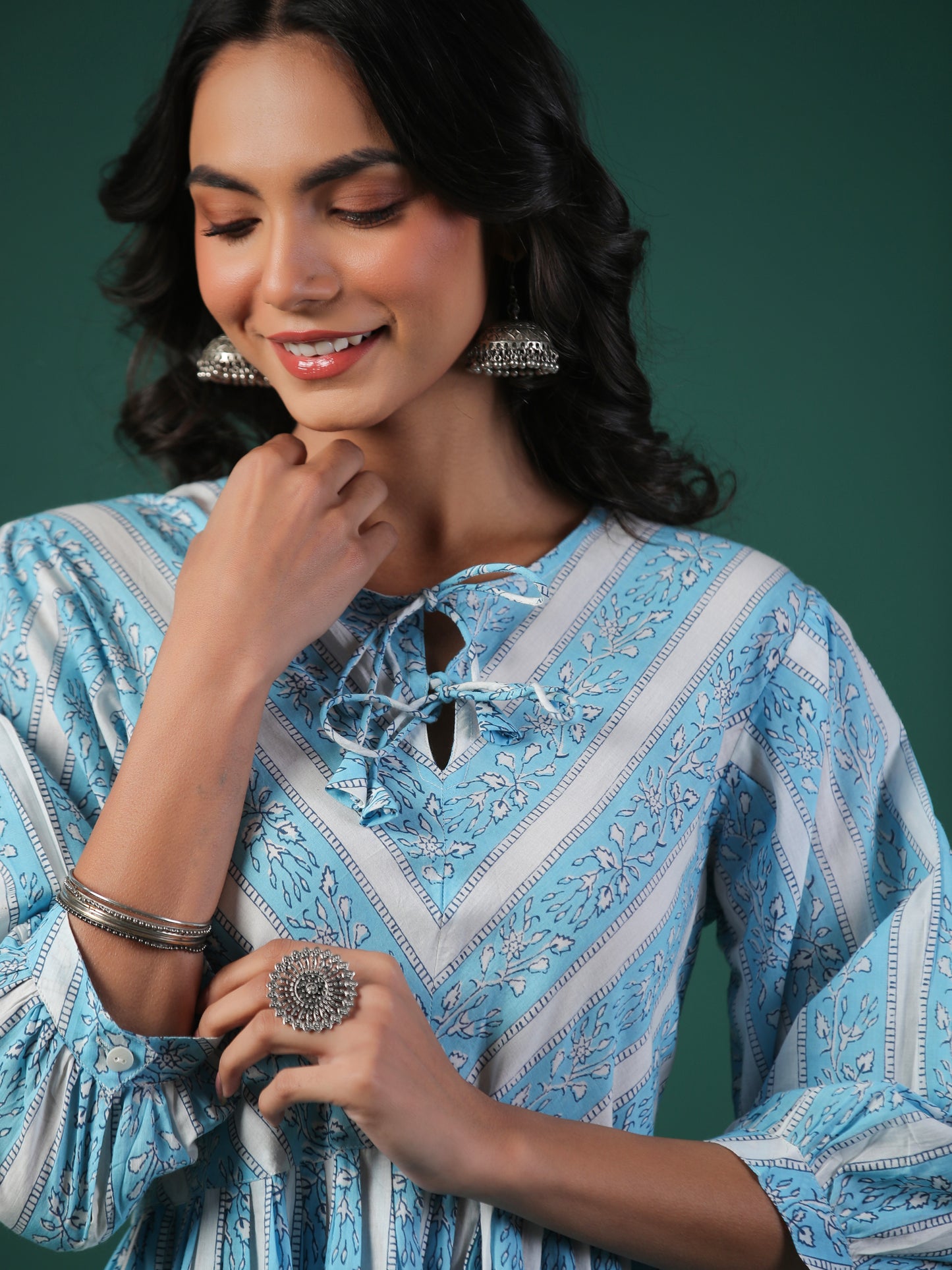 Bel Booti Cotton Block Print Kurta - Blue