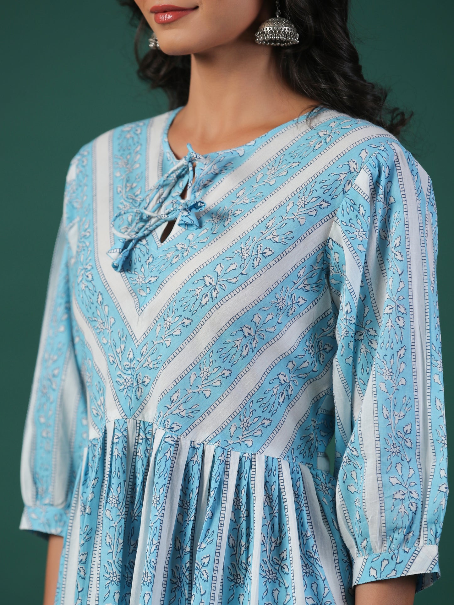 Bel Booti Cotton Block Print Kurta - Blue