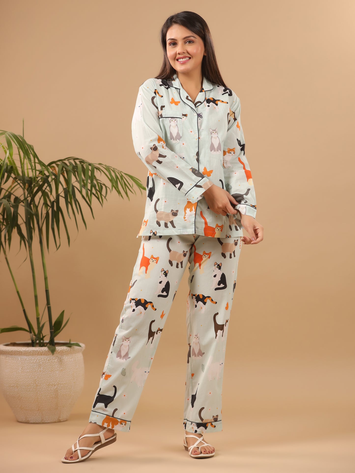 Cat Print Cotton Pyjama Set