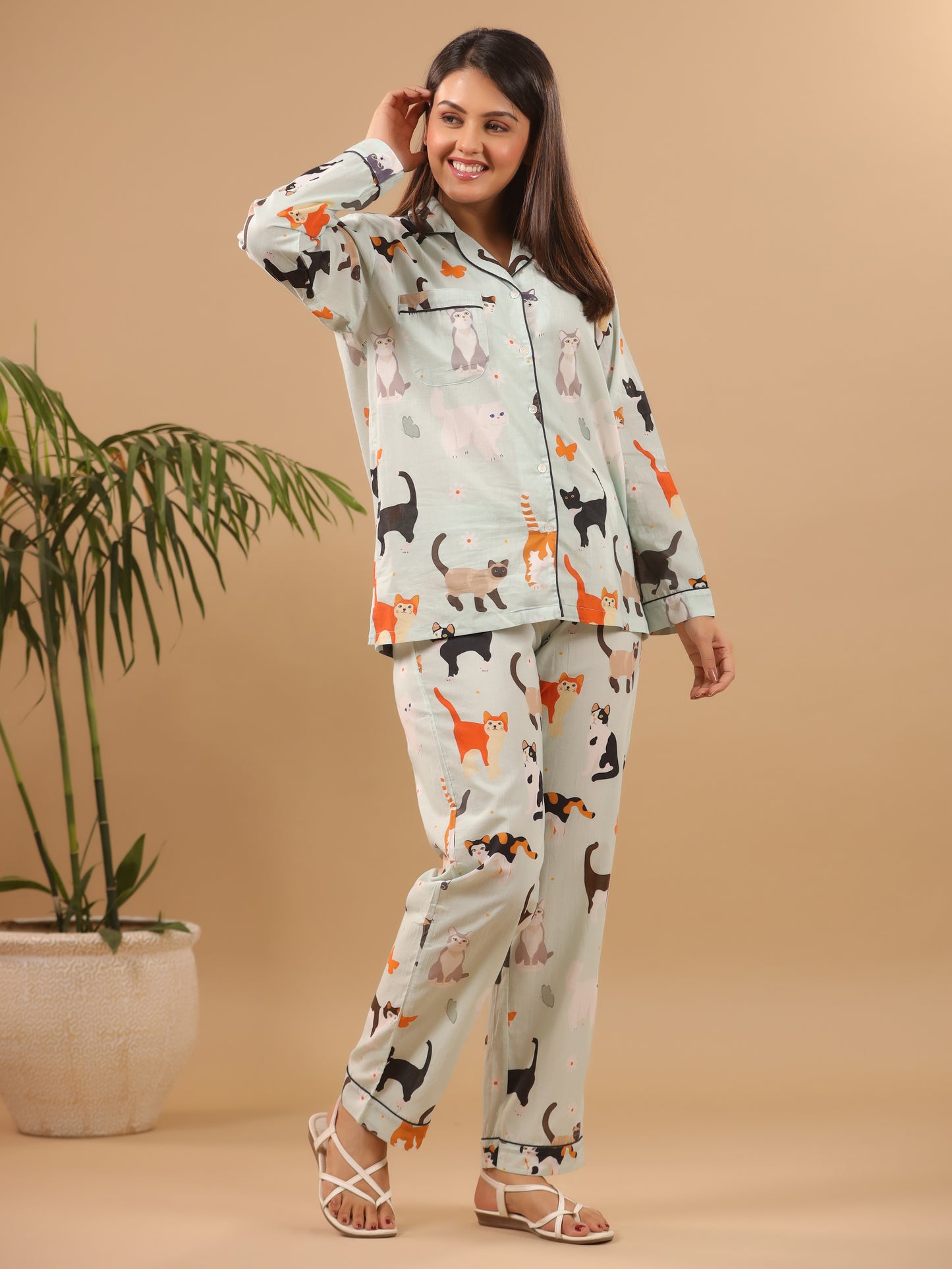 Cat Print Cotton Pyjama Set