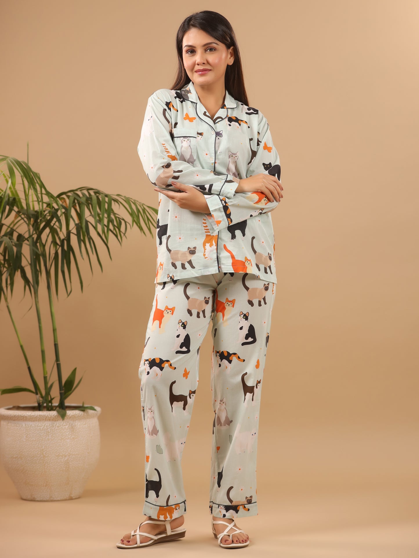 Cat Print Cotton Pyjama Set