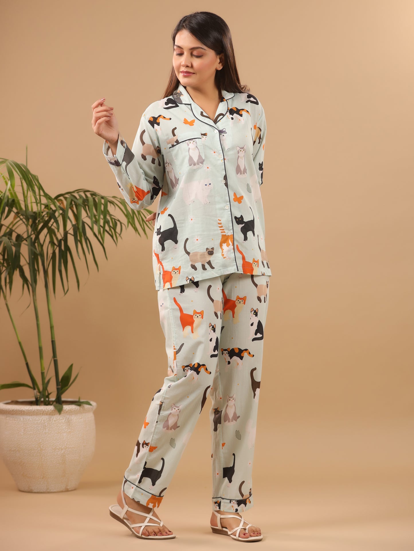 Cat Print Cotton Pyjama Set