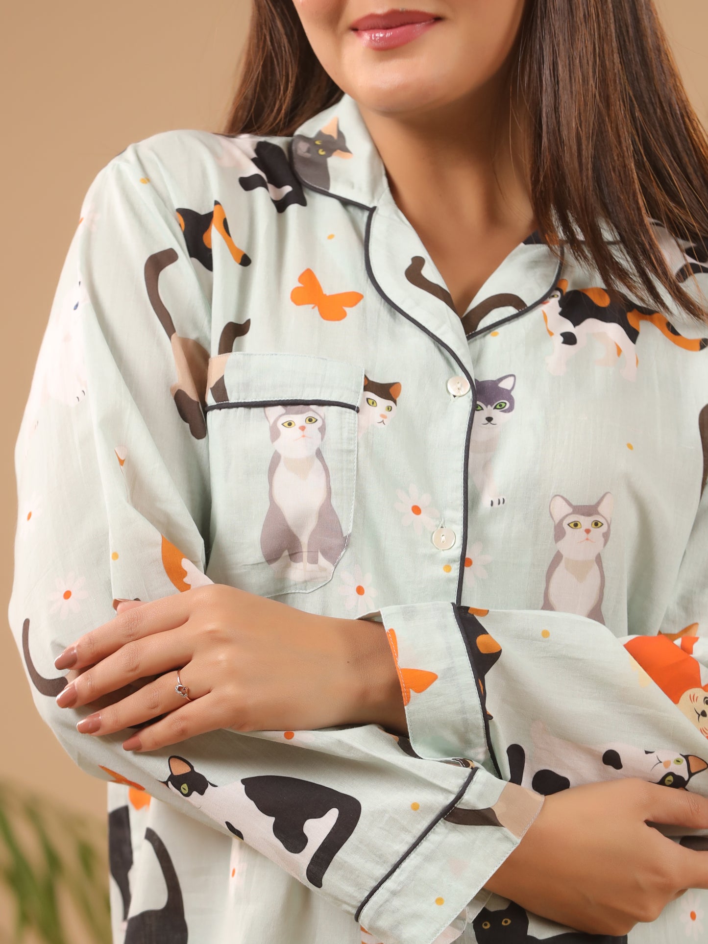 Cat Print Cotton Pyjama Set